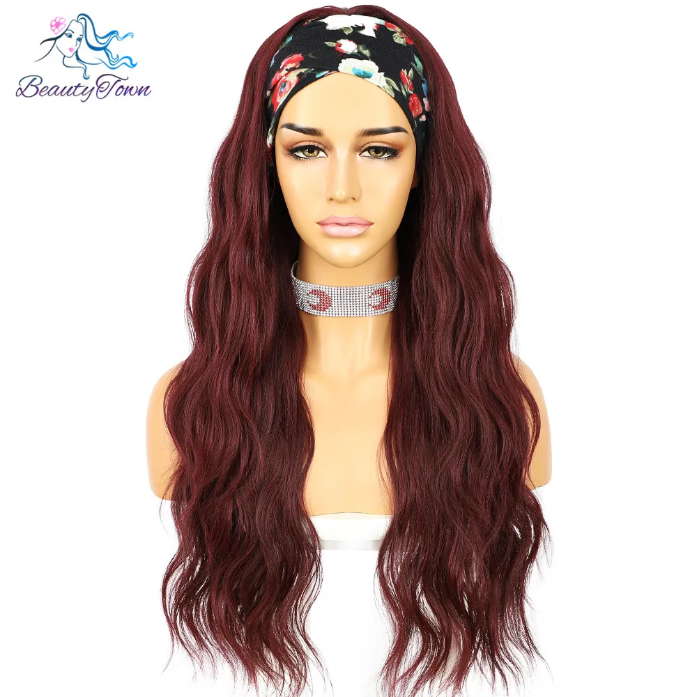 

Long Wavy Burgundy Red Headband Wig for Women Daily Wedding Party Travel Holidays No Gel Glueless Wig 2 Free Bands