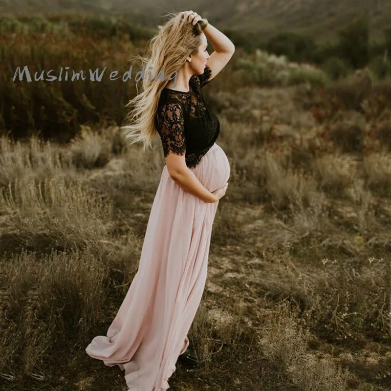 Boho Maternity Pink Wedding Dress 2023 With Short Sleeve Top Lace Chiffon Country Civil Bridal Gowns Elegant Photoshoot Bride