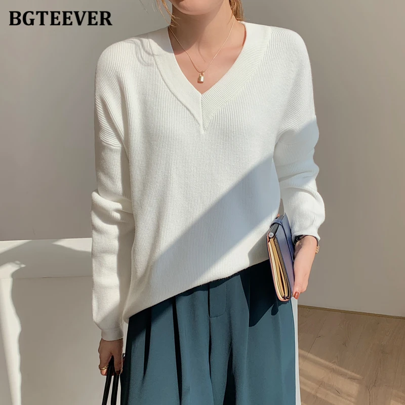 BGTEEVER Elegant V-neck  Knitted Women Sweaters Full Sleeve Loose Female Pullovers Jumpers Autumn Winter Thick Ladies Knitwear