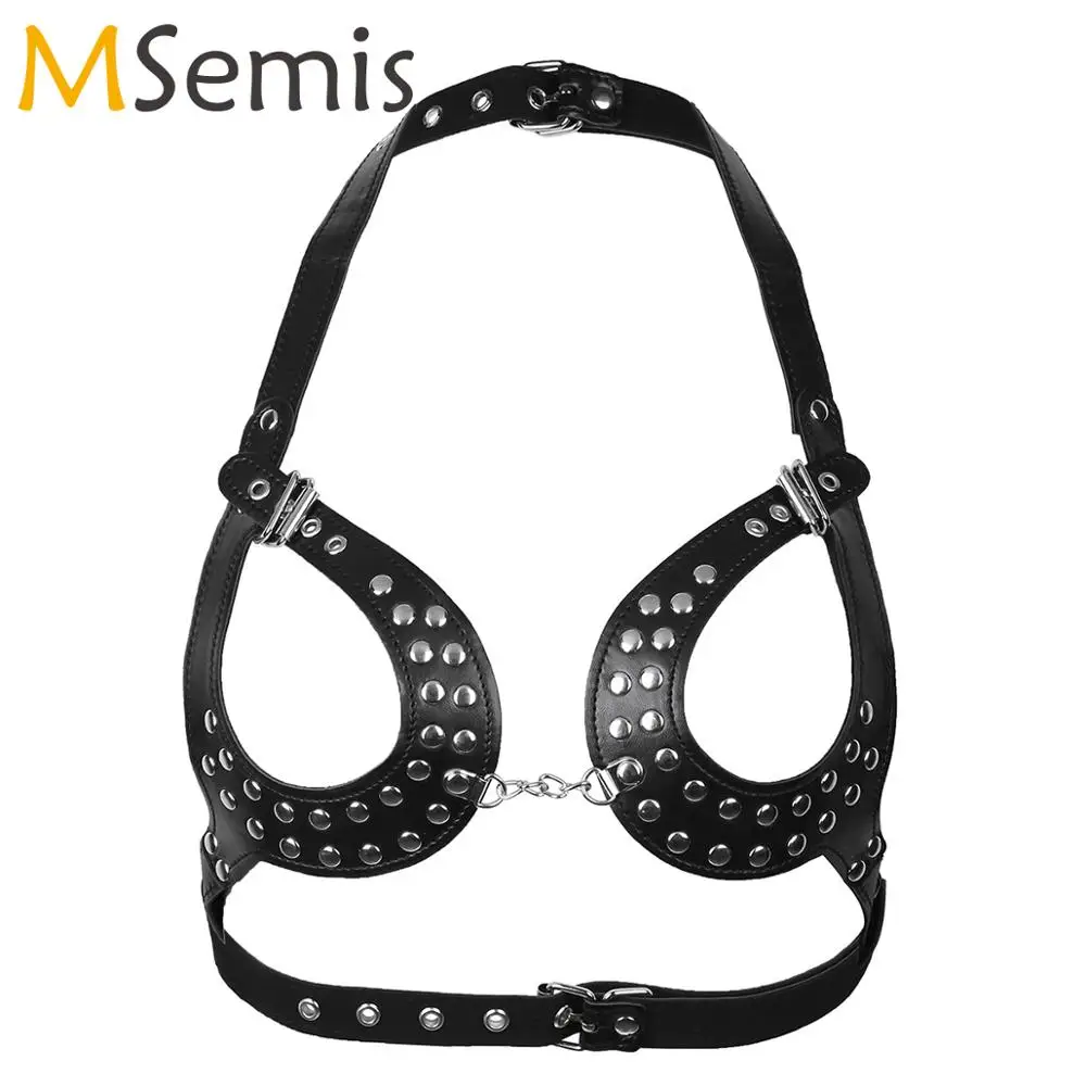 

Womens Sexy Open Cup Harness Bra Top Club Pole Dance Adjustable Leather Body Chain Bondage Bralette Gothic Flirting Rivets Tanks