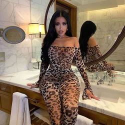 BKLD 2024 Autumn Women Clothing New Sexy Leopard Print Bodysuits High Waist Bodycon Pants Fashion Two Piece Tracksuit Set