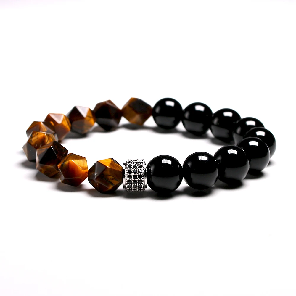 New Men Bracelet  Beads Faceted Natural Tiger's eye Stone Micro Inlaid Charm CZ Bracelets 10MM Men's Gift Dropship