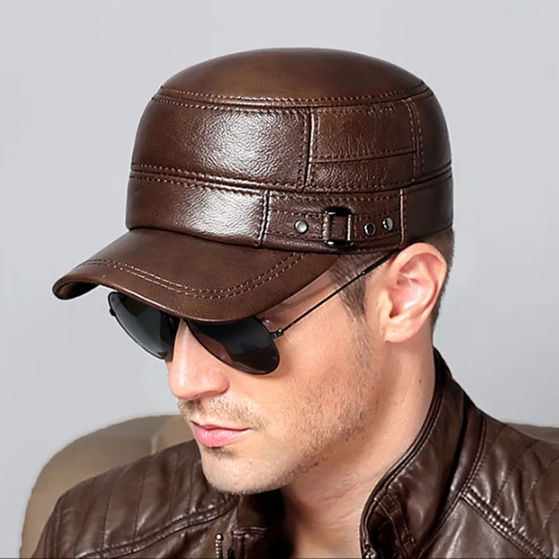 Genuine Leather First layer cowhide Cap Men  Flat Caps Army Military Hat Elegant Man Baseball Cap Adjustable British Vintage