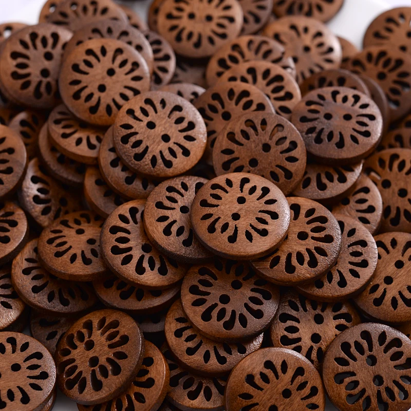 18mm 30Pcs Hollow Chrysanthemum Shape Wooden Buttons Cute Round Dark Brown Pattern Buttons For Clothes DIY Garment Accessoies