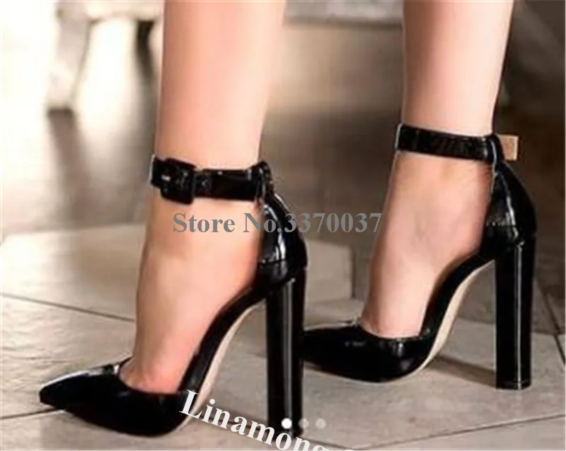 Linamong Frauen Elegante Spitz Patent Leder Chunky Ferse Pumps Riemchen Schnalle Weiß Schwarz Dicken High Heels Club Schuhe