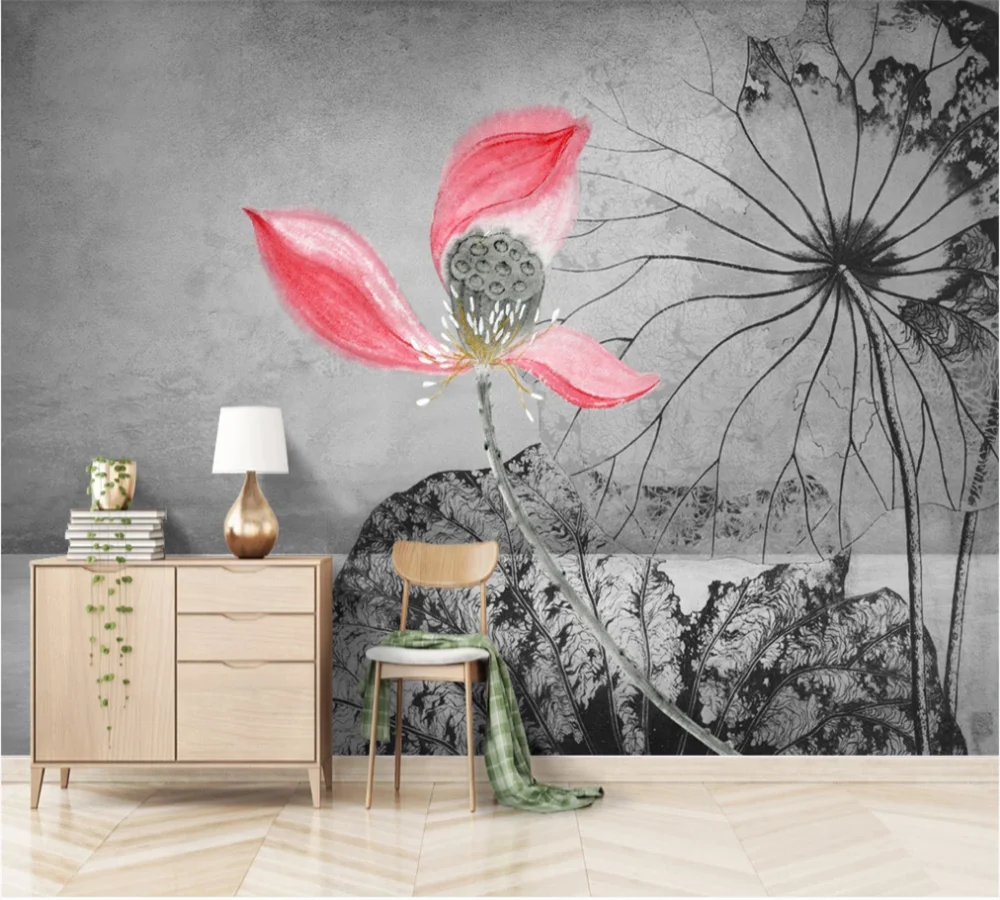 

xuesu Customized 3D wallpaper mural new Chinese retro ink lotus background wall abstract lotus lotus leaf