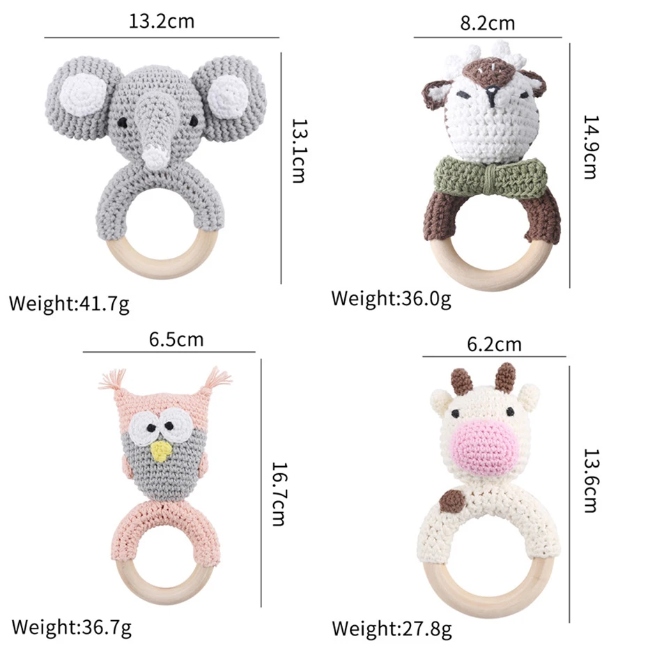 1Set Baby Rattles Crochet Amigurumi Elephant Owl Rattle Bell Custom Newborn Pacifier Clip Montessori Toy Educational Baby Rattle