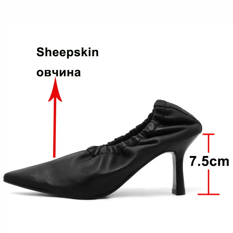 Meotina Women Shoes Real Leather Pointed Toe High Heels Pleated Stiletto Heel Pumps Sheepskin Ladies Footwear Black Big Size 40