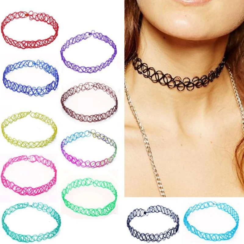 12pcs/set Fishline Choker Necklaces For Women Girls Stretchy Gothic Punk Elastic Hollow Chocke Collar Necklace Jewelry Set