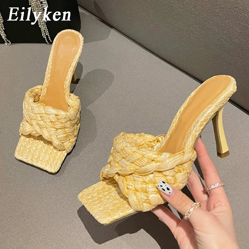 Eilyken 2024 New Summer Slipper Fashion Weave Slides Ladies Elegant Thin High Heel Outdoor Women Sandals Shoes Plus Size 40