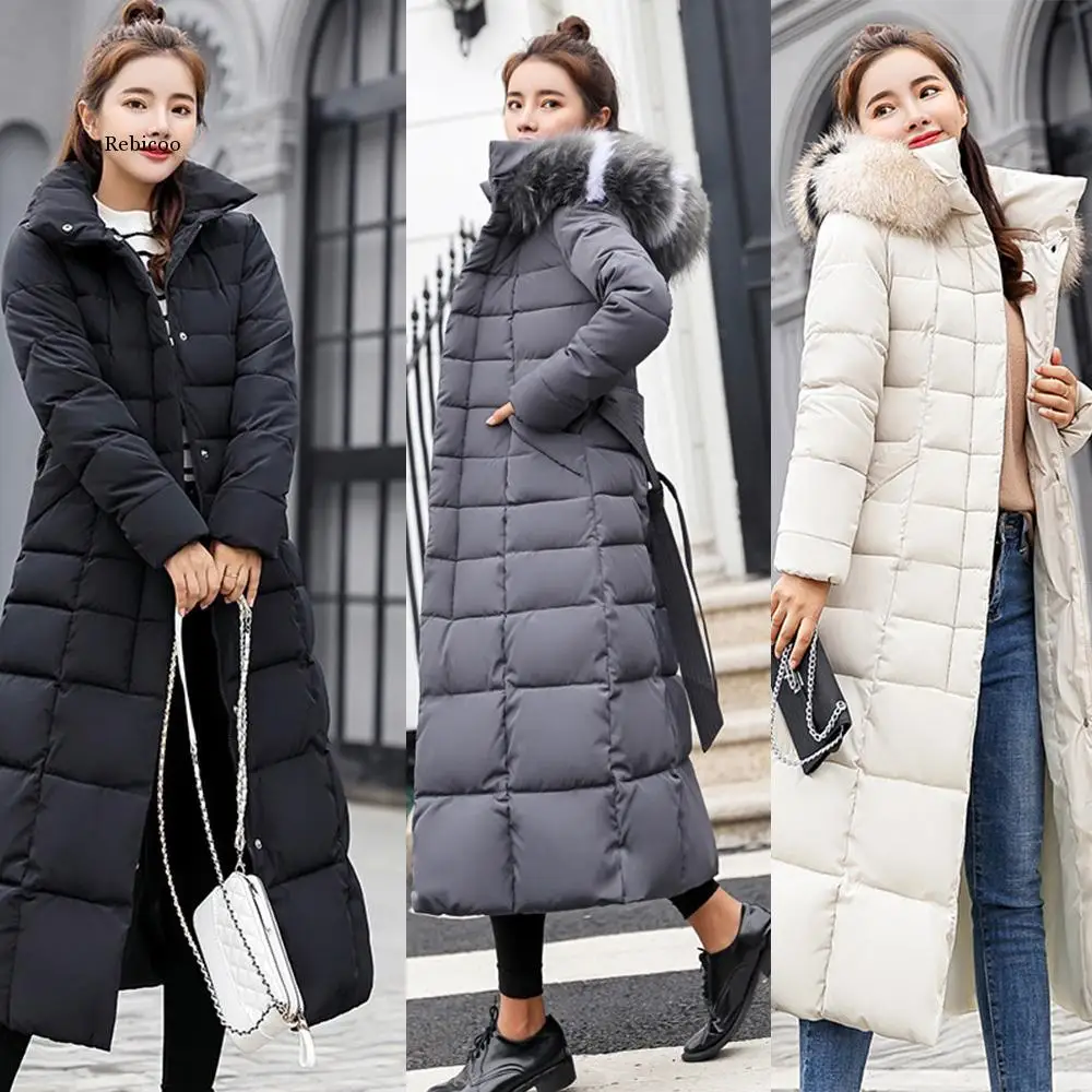 Fashion Winter Coat Women Jackets Thick Cotton Parkas Big Fur Belt Hooded Cotton Long Coats Warm Windbreaker Female Slim Outwear