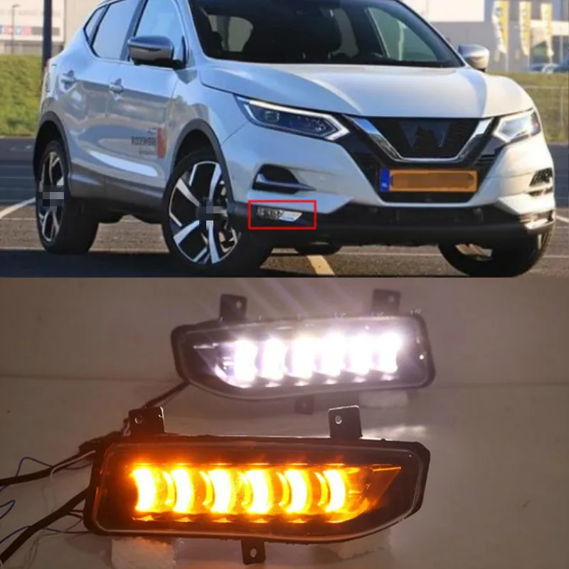 1Pair For Nissan Qashqai 2019 2020 LED Daytime Running Light Dynamic Turn Yellow Signal Car DRL 12V LED Fog Lamp