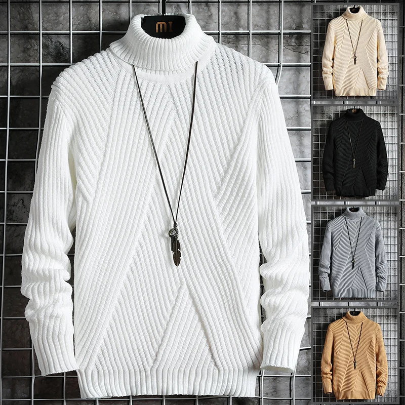 New Winter Mens Casual Turtleneck Pullover Men's Long Sleeve Striped Sweater Korean Style Fashion Warm Knitted Sweater