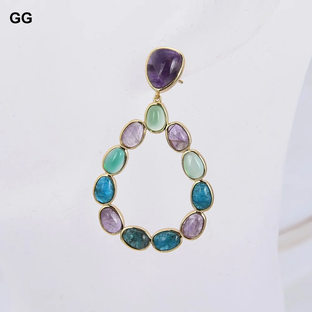 GG  Natural Mix Gems Teardrop Amethyst Apatite Agate Dangle Stud Earrings for women lady fashion jewelry gift