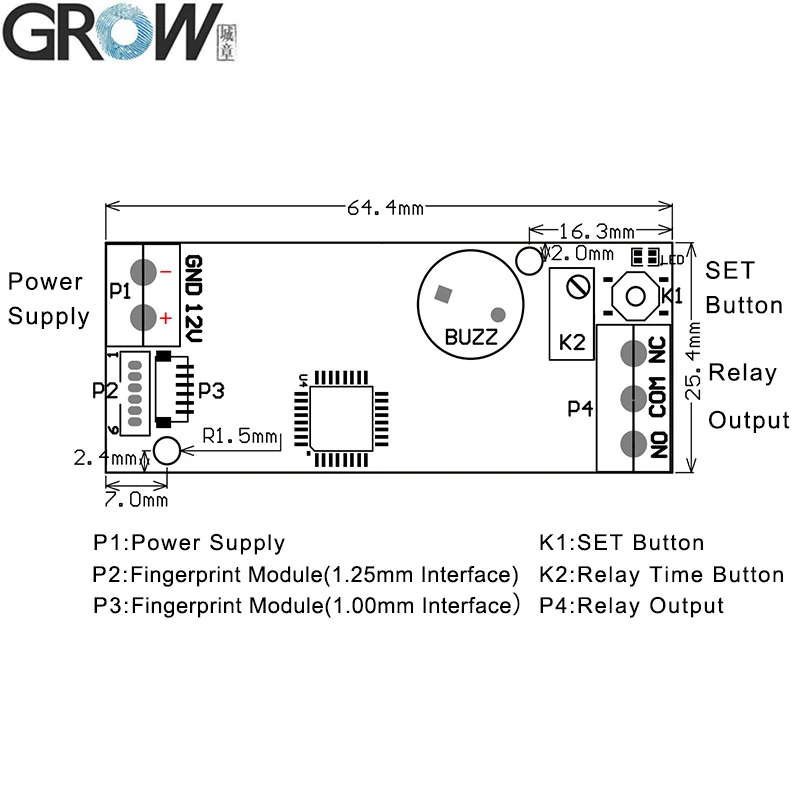 GROW K202 DC12V Admin/User Fingerprint Door Access Control Board+R502-F Small Ring LED Waterproof Fingerprint Module