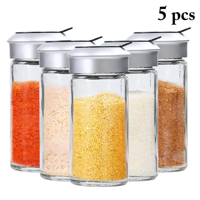 Kapmore 5pcs/set Seasoning Bottle Clear Glass Seasoning Shaker Spice Bottle For Salt Pepper Sugar Kitchen Tools For Cooking