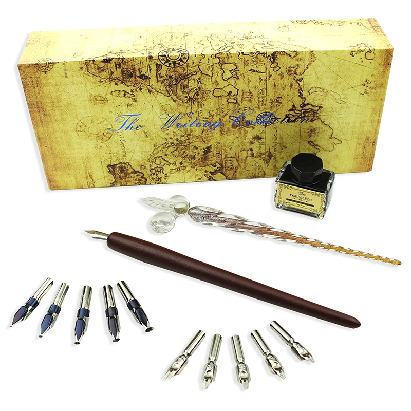 FEATTY-Kit de stylos à tremper en bois, ensemble d'écriture de calligraphie en cristal de verre, stylo plume de haute qualité pour le lettrage d'art, le dessin, 10 plumes