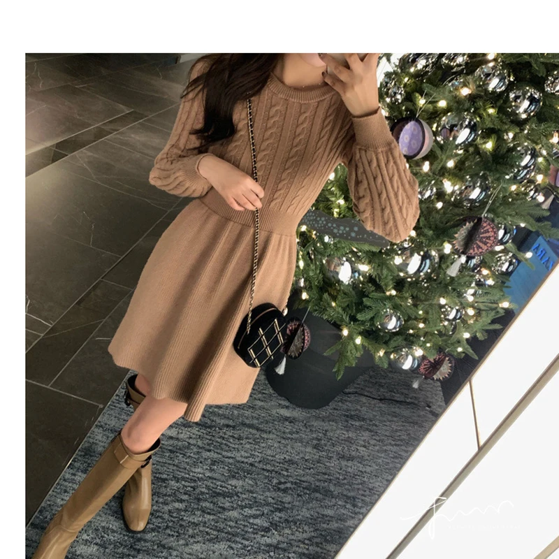 Women Sweater Long Sleeve Dresses Autumn Winter Knitted Patchwork Slim O Neck Elegant Solid Color Cozy Pullover Dresses WDR34