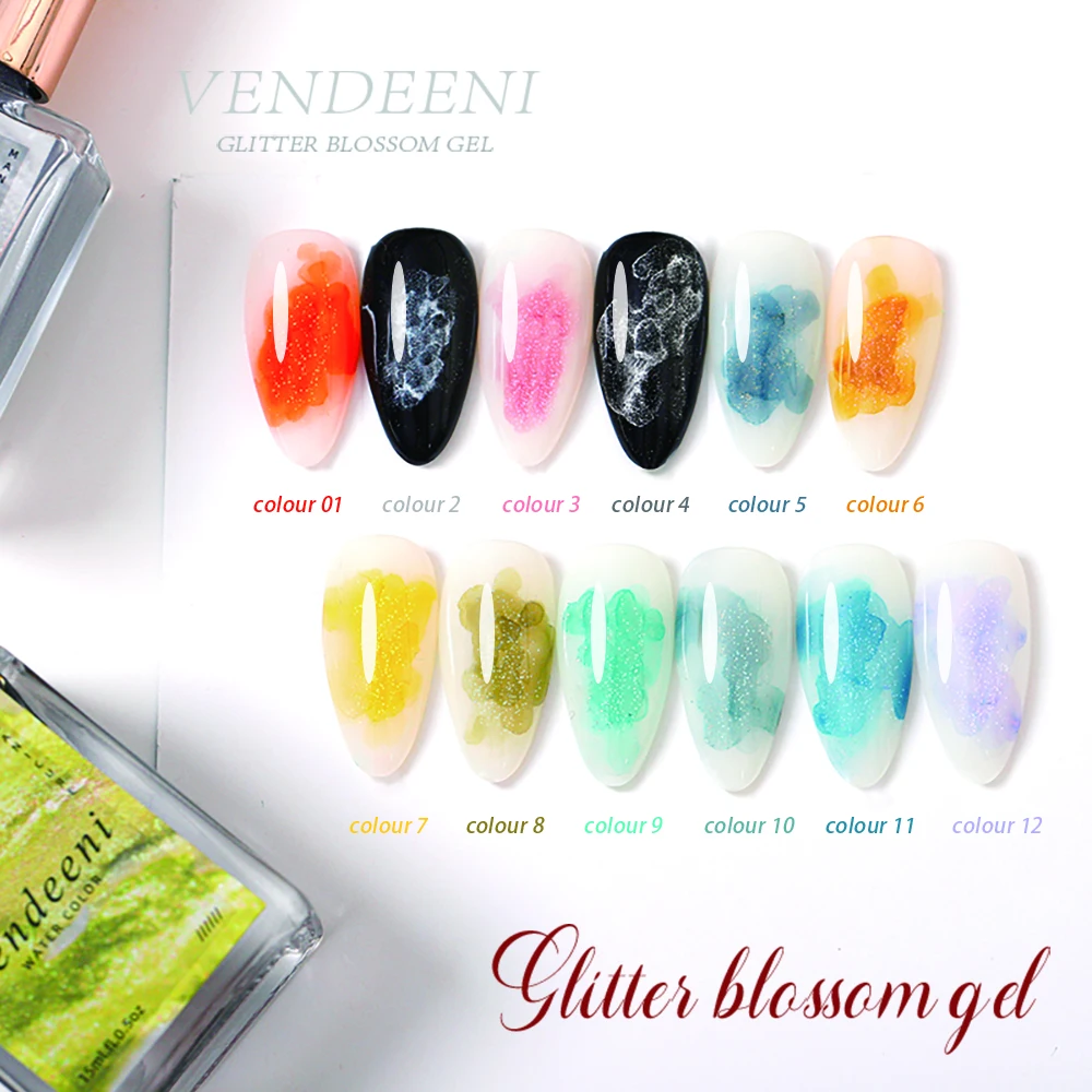 Vendeeni 12 Colors Gold Powder Blooming Gel Nail Polish Nail Paint Watercolor Ink Gel Lacquer Glitter Blossom Nail Gel Varnish