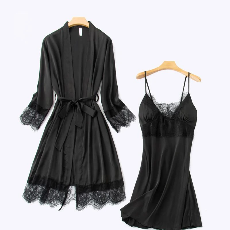 Nighty Robe Set Womens 2PCS Nightshirts Sleep Suit V-Neck Pajamas Silky Sleepwear Homewear Wear Home Nightdress Negligee Gown