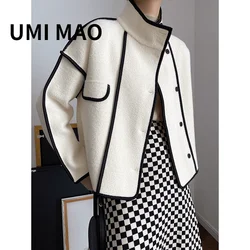 UMI MAO 2023 Spring Autumn Extravagant Pearl Velvet Coat Women's Black White Edging Stand Collar Short Jacket Women Clothes Y2K