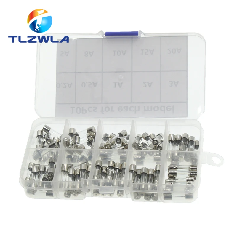 100PCS Set Kit 5x20mm Fuse Assorted Kits DIY Quick Blow Glass Tube Fast-blow Glass Fuses 0.2A-20A
