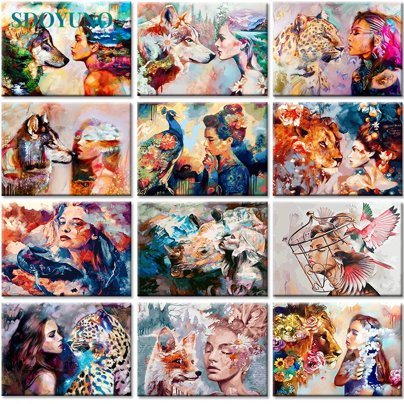 SDOYUNO 60x75cm Oil Painting By Numbers Picture Canvas Women and Animals Frameless DIY Paint By Numbers Figure Adults Crafts