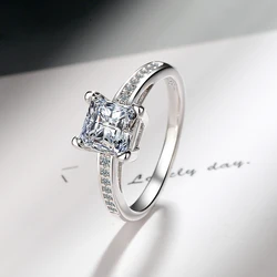 Exquisite 925 sterling silver iridescent zircon ring, sizes 5-10, four-prong square diamond, elegant jewelry gift for goddesses.