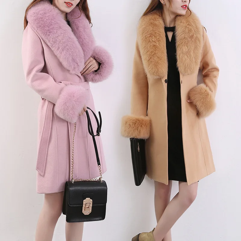 Autumn Winter Women\'s Woolen Coat New Fashion Fur collar Mid Long Outerwear Slim Large Size Pink Red Wool Coat Women Clothing