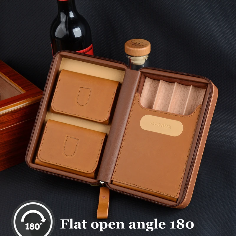 Classic Travel Cigar Case  Cedar Wood  Cigar Holder  Leather Cigar Box Mini Humidor  Can Hold Cigar Cutter humidiity Bag lighter