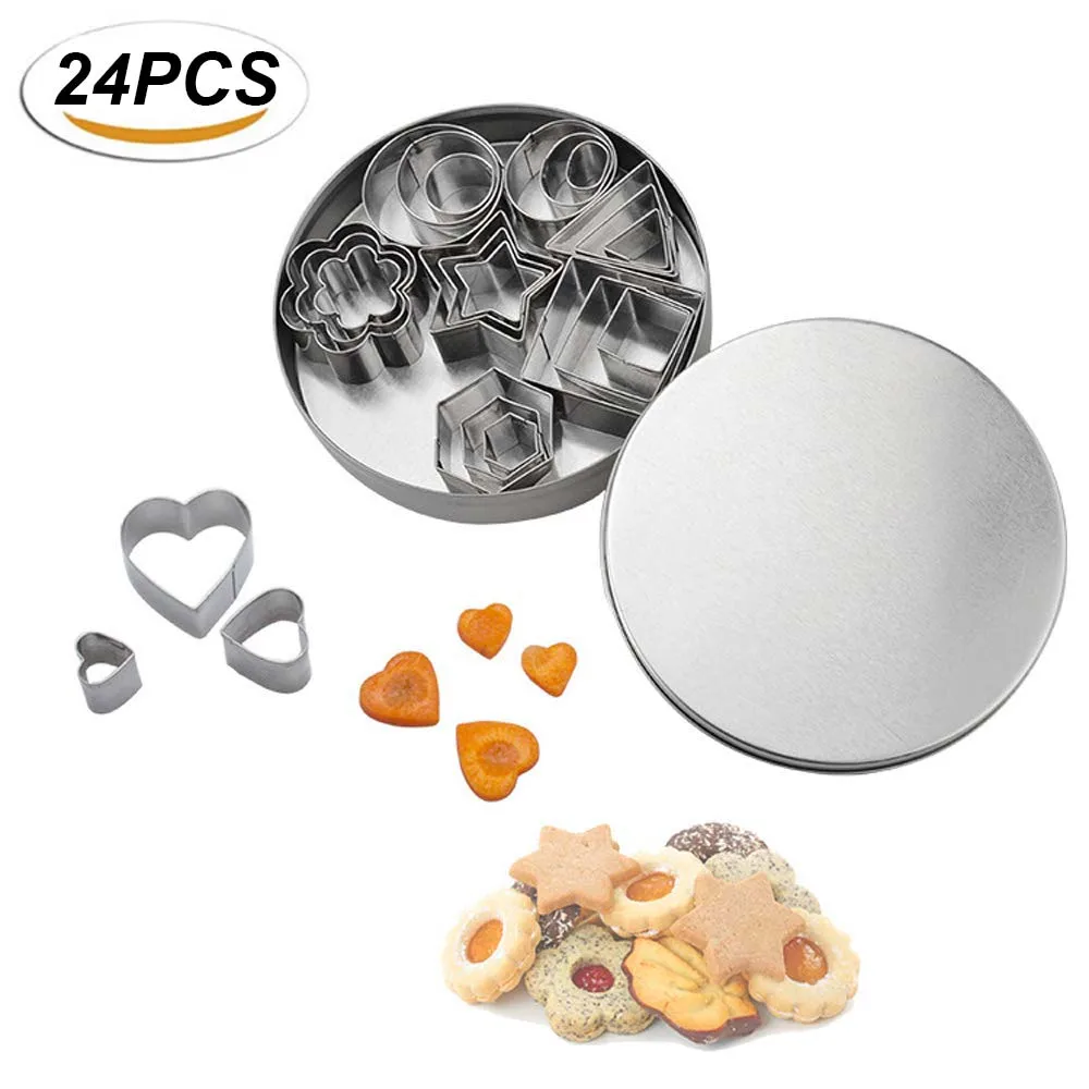 24pcs/pack Mini Cookie Cutter Shapes Set Stainless Steel Metal Stamps Pie Crust Fruit Cut Cake Fondant Pastry Mousse Clay Mold