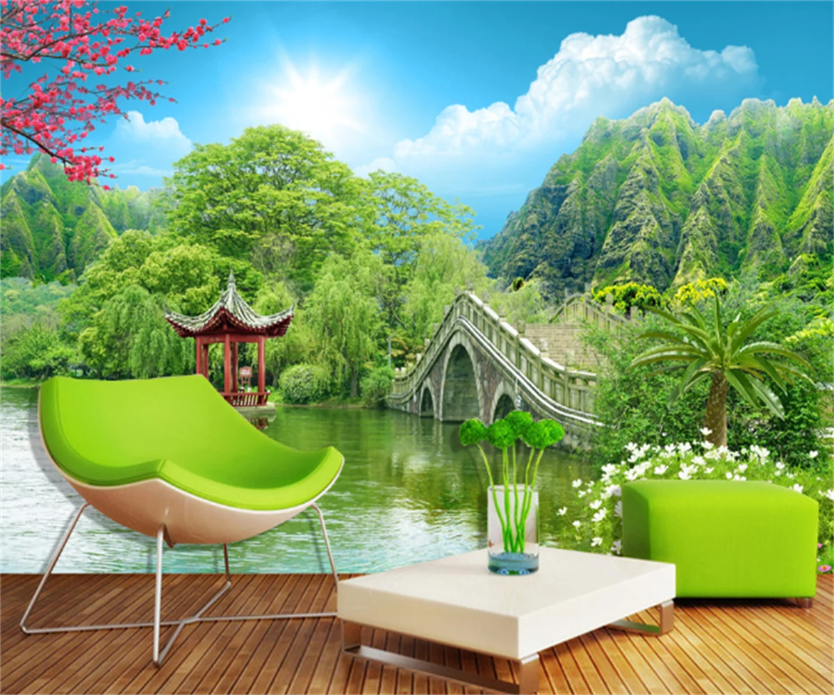 

Customize any size wallpaper wall painting Nordic green mountains and green water ancient pavilion 3D TV background wall sticker