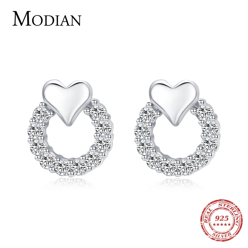 MODIAN Sweet Heart Earrings For Women 925 Sterling Silver Delicate Cubic Zirconia CZ Wedding Statement Ear Studs Fine Jewelry