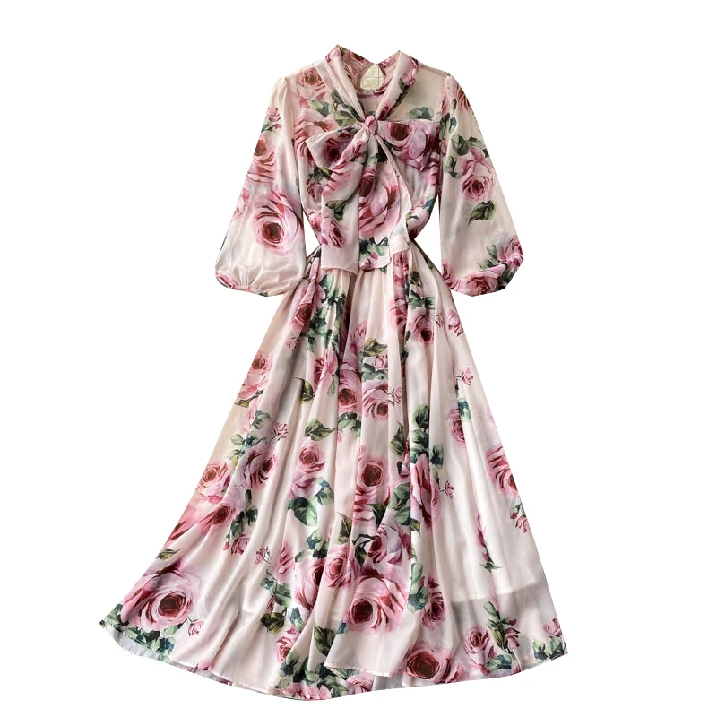 Elegant Women\'s Summer Floral Chiffon Green Dress Ladies Long Sleeve Bowknot Mixi Dress Robe Plus Size Female Vestidos