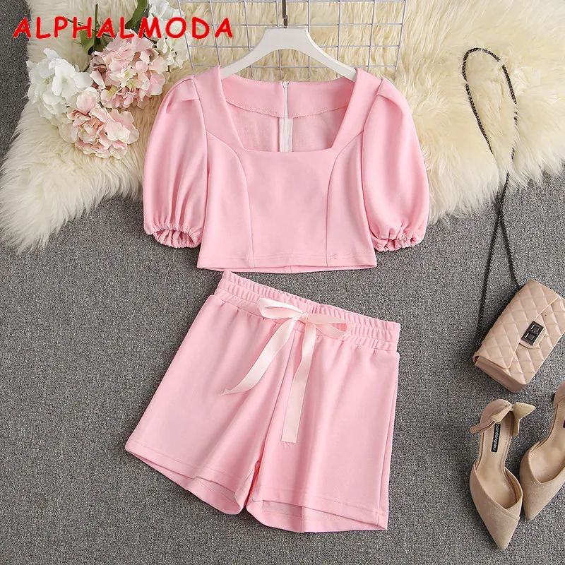 

ALPHALMODA 2021 Summer Slim Fit Short-sleeved Cropped Top Outfit High Waist Sashes Shorts Women Chic 2pcs Lounge Wear Suits