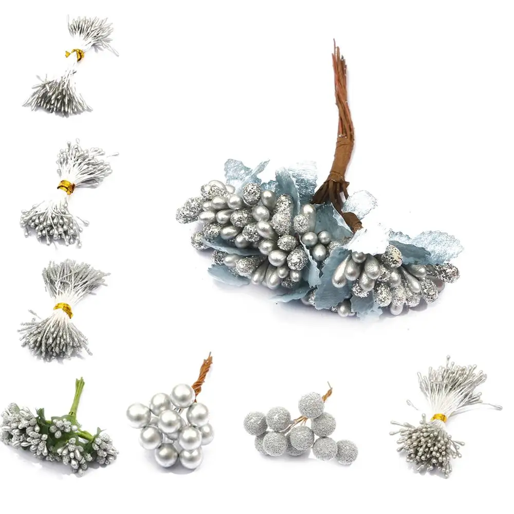 2020 Artificial Sliver Flower Bouquet Cherry Branch Stamen Berries Bundle DIY Christmas Wedding Cake Gift Box Wreath Party Decor