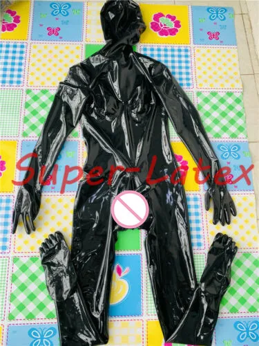 MEN LATEX CATSUIT WITH NOSE TUBE RED TEETH HIDDEN TWO CONDOMS MESH EYE