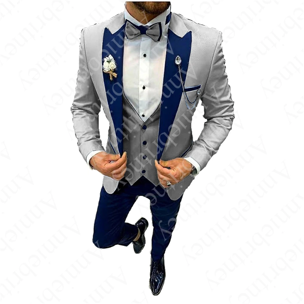 

Gray Men's 3 Piece Suits Blue Peak Lapel Slim Fit Formal For Wedding Groomsmen Tuxedos Clothing Blazer+Vest+Pant (No Tie) 2021