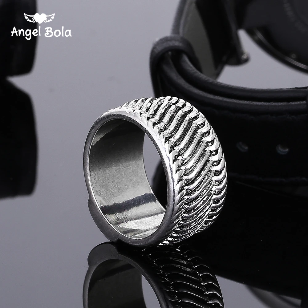 Ancient Silver color Fashion Tire Pattern Men\'s Buddha Chain Link Finger Ring Jewelry To Women Gifts Punk Biker Wide Chain Ring