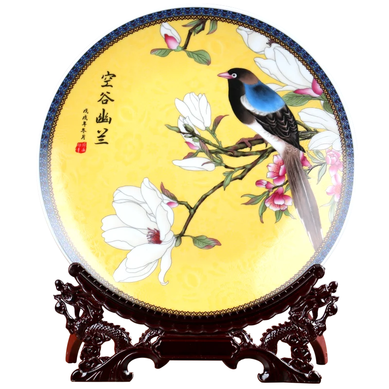 New Ceramic Decoration Plate Home Flowers And Birds Plate Wine Cabinet Office Living Room New Chinese Crafts