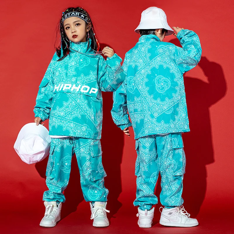 Costume de danse de rue pour garçons, pull ample bleu, pantalon, impression de marée, tenue Hip-Hop, vêtements de spectacle pour filles, vêtements Rave BL7234, 2025