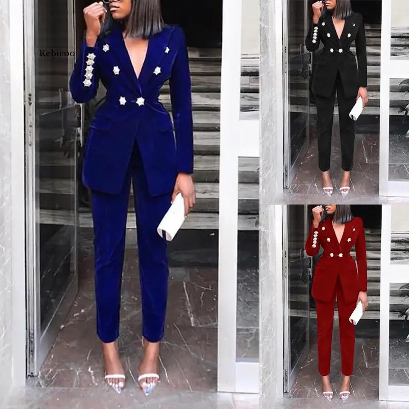 

Spring Autumn Sets for Women New Navy Blue V Neck Long Sleeve Sexy 2 Piece Set Outfits High Quality Two Piece Set Suit