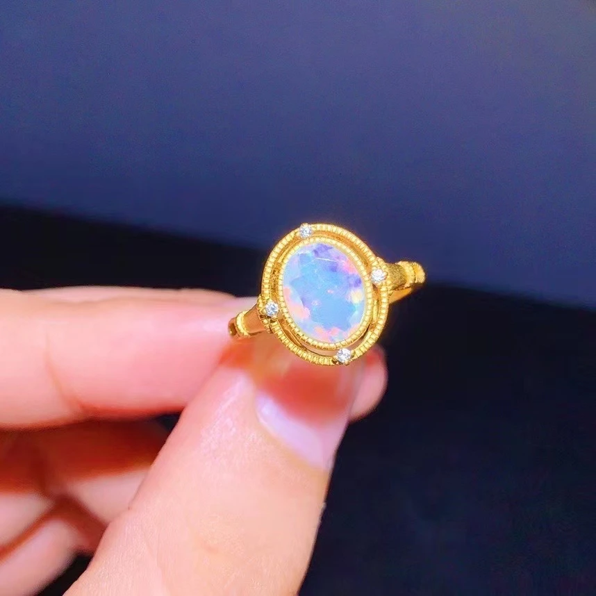 Beautiful natural opal ring for women real 925 silver yellow gold plated natural gem birthday party gift 7*9 mm size oval