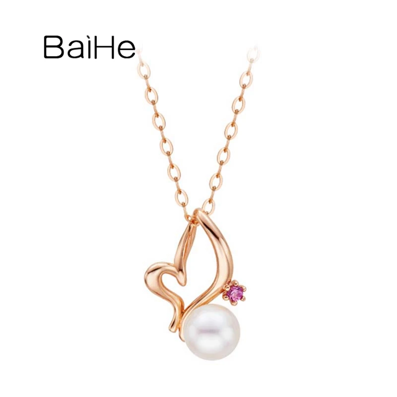 

BAIHE Solid 18K Yellow Gold 5-5.5mm Natural freshwater Pearl Ruby Clavicular chain Butterfly Necklace Women Trendy Fine Jewelry