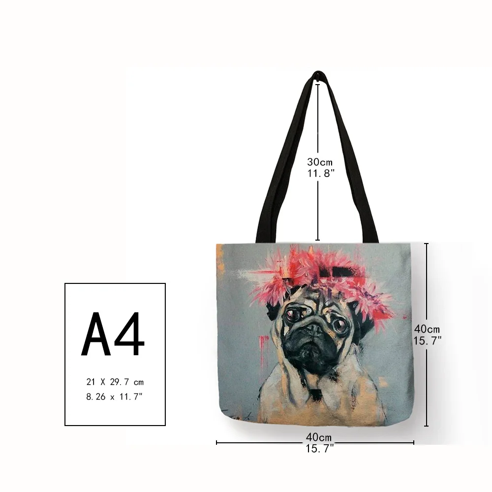 Cute Pug Dog Print Reusable Shopping Bags Practical Eco Linen Foldable Handbag Outdoor Storage Totes for Women