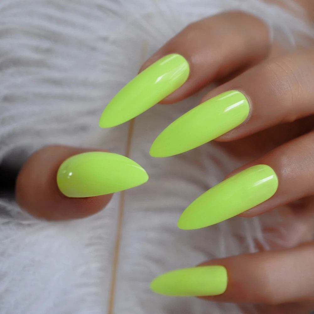 Neon Fluorescent Green Press on False Nails Extra Long Stiletto Pointed Gel Glue On Fake Fingersnails Free Adhesive Tapes