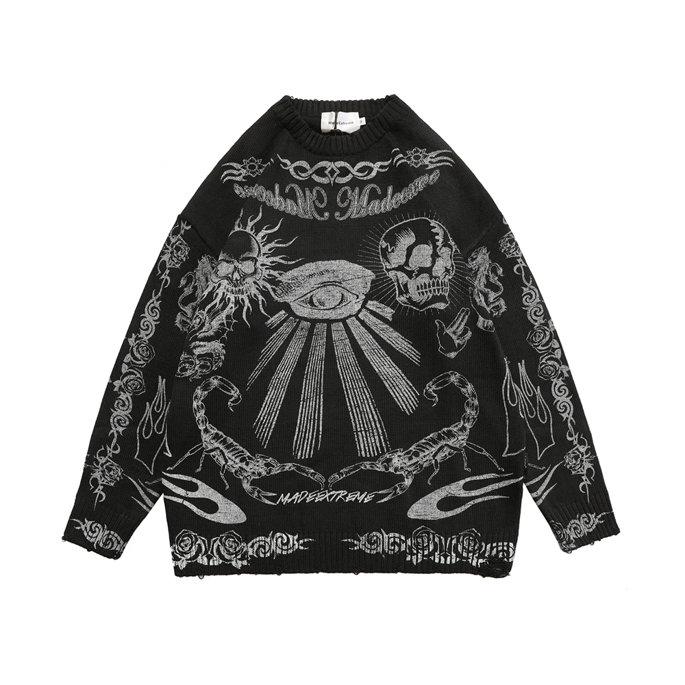 Pull surdimensionné à imprimé tête de mort pour homme et femme, vêtement en tricot, Streetwear Harajuku à manches longues, style gothique effiloché,