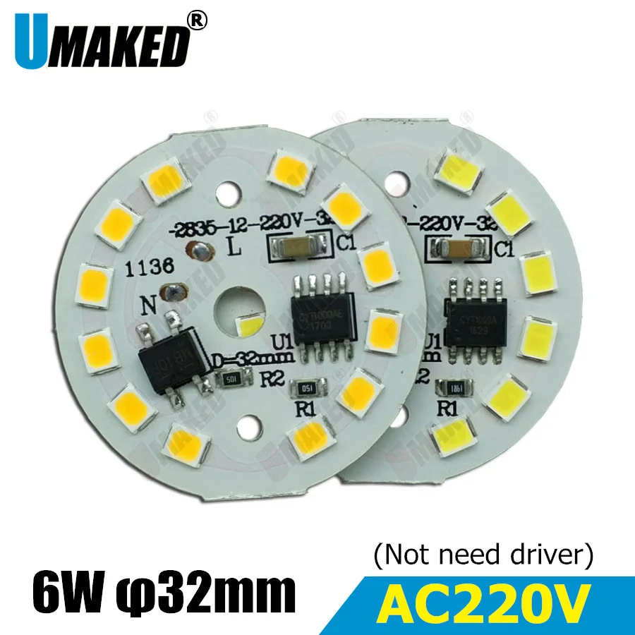 6W 32mm AC 220v led pcb with integrated IC driver for bulb light, Warm white/ white driverless aluminum plate board, free ship