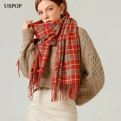 USPOP 2020 New Winter Scarf Women Plaid Scarves Warm Cashmere-like Tassel Scarves Female Long Large Pashmina