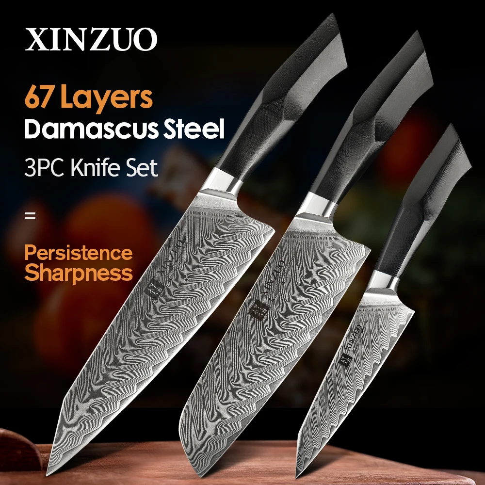 

XINZUO 3PCS Knife Sets Damascus Steel VG10 Core Blade Razor Sharp Kitchen Santoku Knives G10 Handle Meat Slicer Cutting Knife